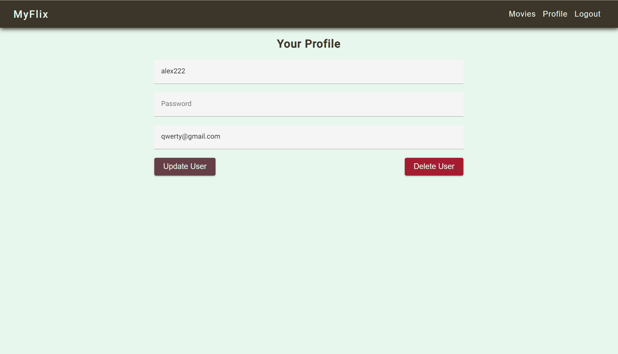 screenshot of the user profile page